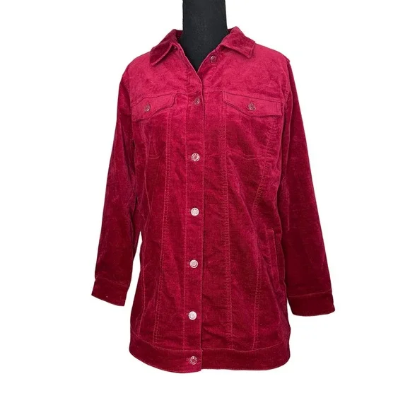 DENIM & CO RED STRETCH VELVETEEN PETITE LONG JACKET NWOT - Picture 2 of 8